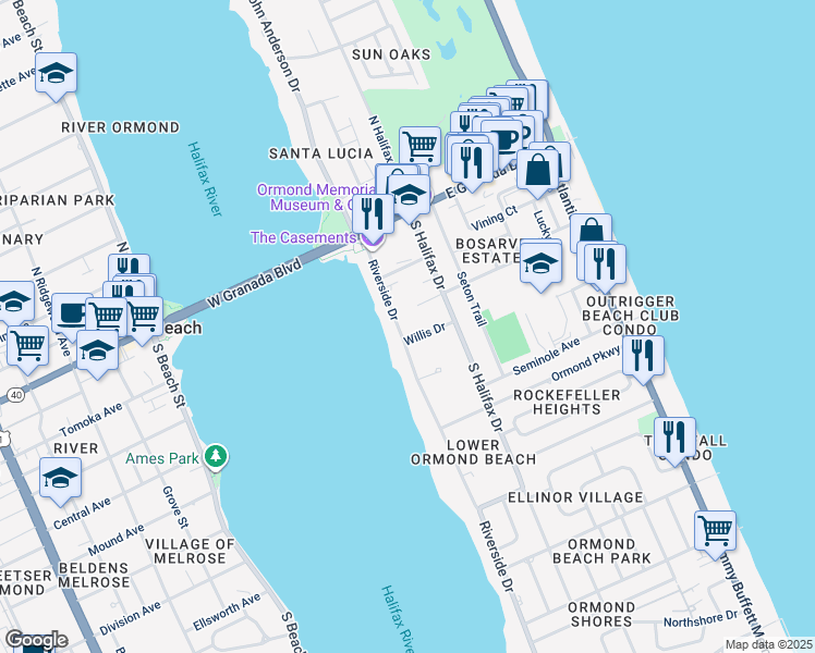 map of restaurants, bars, coffee shops, grocery stores, and more near 127 Riverside Drive in Ormond Beach