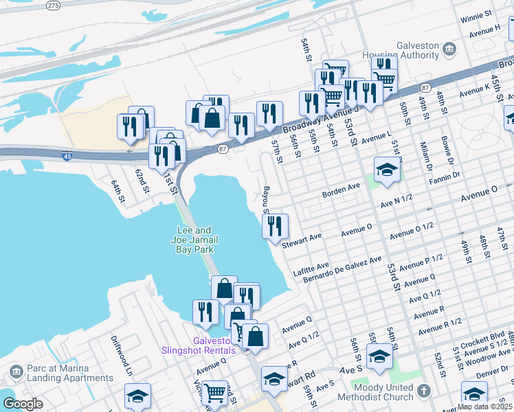 map of restaurants, bars, coffee shops, grocery stores, and more near 1401 Bayou Shore Drive in Galveston
