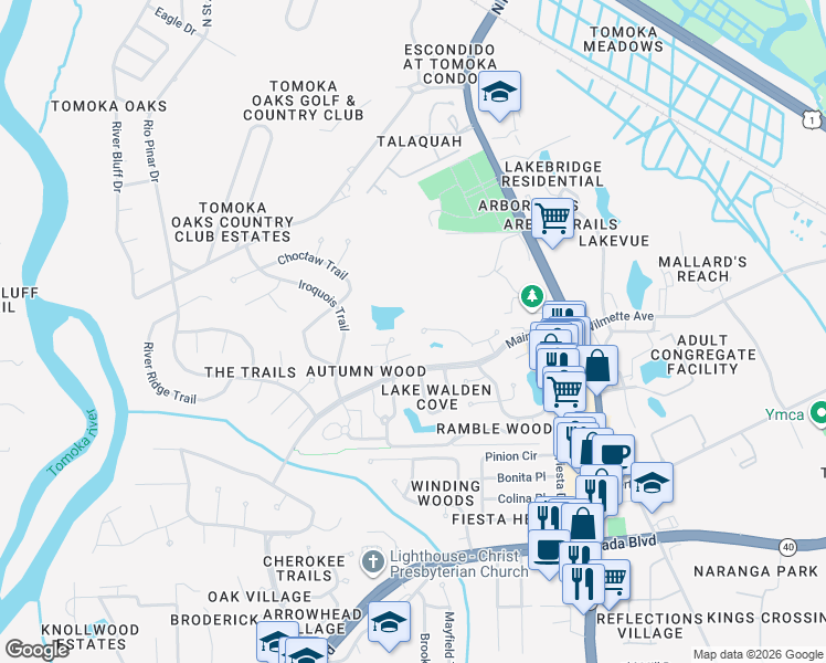 map of restaurants, bars, coffee shops, grocery stores, and more near 56 Wildwood Trail in Ormond Beach
