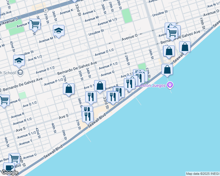 map of restaurants, bars, coffee shops, grocery stores, and more near 3202 Avenue R in Galveston
