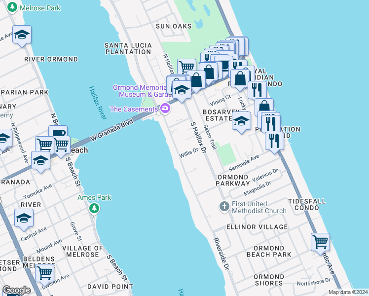 map of restaurants, bars, coffee shops, grocery stores, and more near 127 Riverside Drive in Ormond Beach
