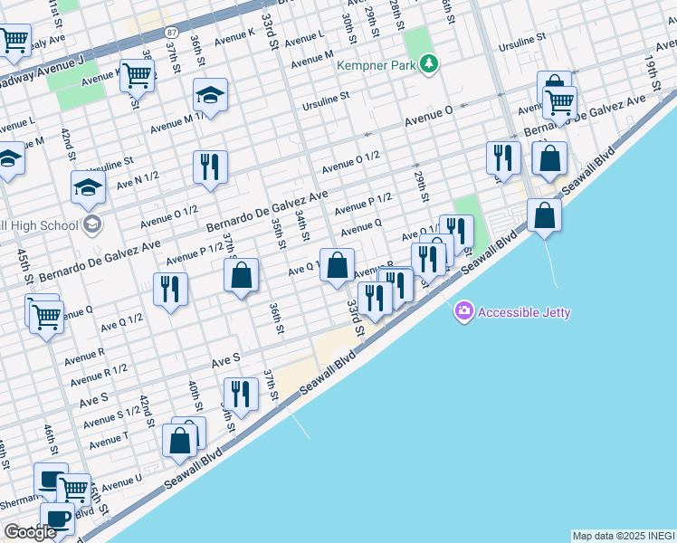 map of restaurants, bars, coffee shops, grocery stores, and more near 2217 33rd Street in Galveston