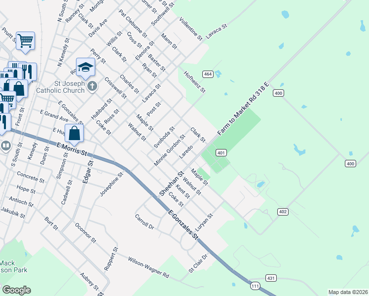 map of restaurants, bars, coffee shops, grocery stores, and more near 210 Highland Street in Yoakum