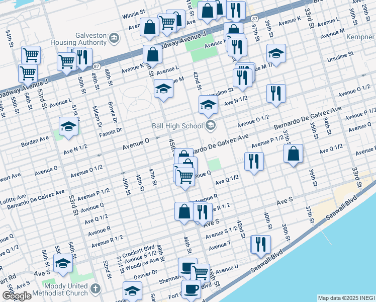 map of restaurants, bars, coffee shops, grocery stores, and more near 1853 44th Rear Street in Galveston