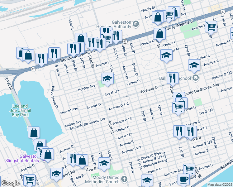 map of restaurants, bars, coffee shops, grocery stores, and more near 5105 1/2 Avenue North 1/2 in Galveston