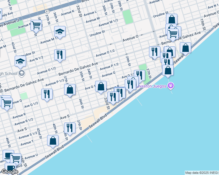 map of restaurants, bars, coffee shops, grocery stores, and more near 3202 Avenue R in Galveston