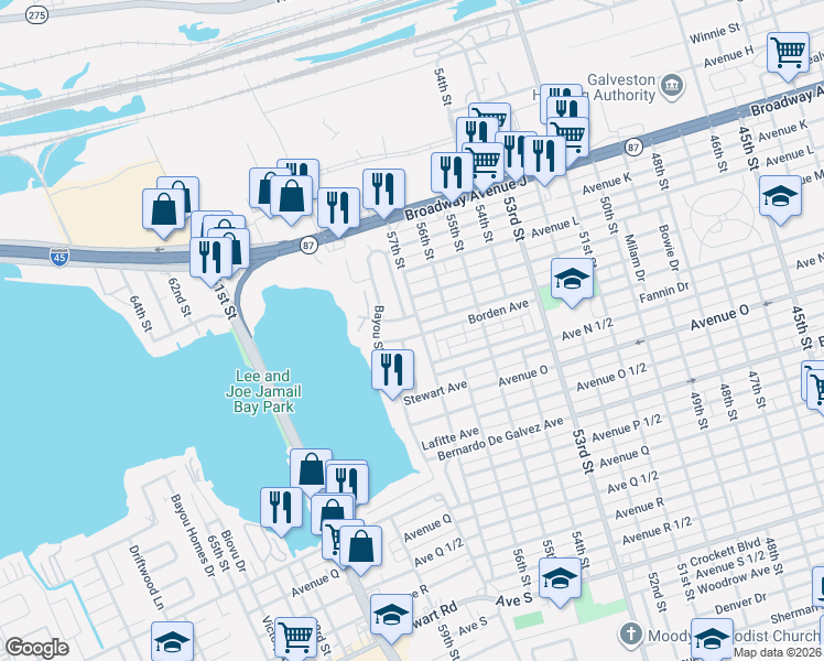 map of restaurants, bars, coffee shops, grocery stores, and more near 5712 Borden Avenue in Galveston