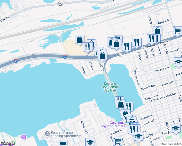 map of restaurants, bars, coffee shops, grocery stores, and more near 1116 63rd Rear Street in Galveston