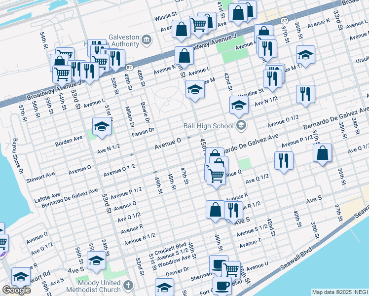 map of restaurants, bars, coffee shops, grocery stores, and more near 4612 Avenue O 1/2 in Galveston