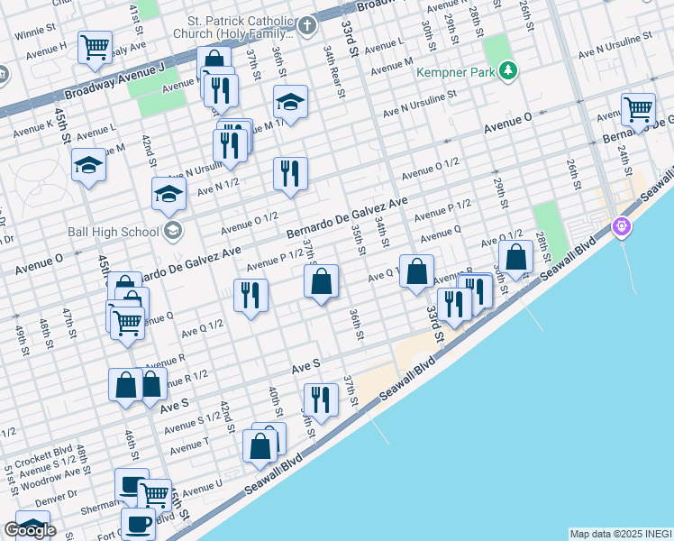 map of restaurants, bars, coffee shops, grocery stores, and more near 3603 Avenue Q in Galveston