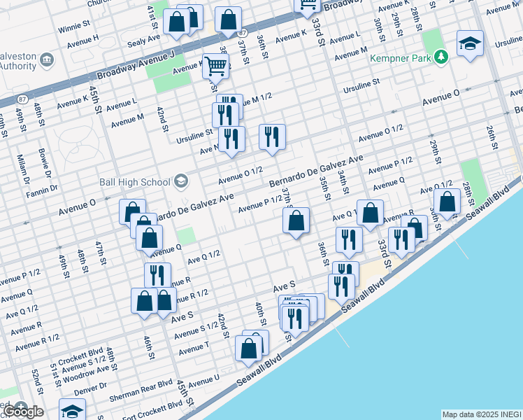 map of restaurants, bars, coffee shops, grocery stores, and more near 3800 Avenue Q in Galveston
