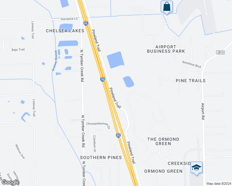 map of restaurants, bars, coffee shops, grocery stores, and more near 601-615 Pineland Trail in Ormond Beach