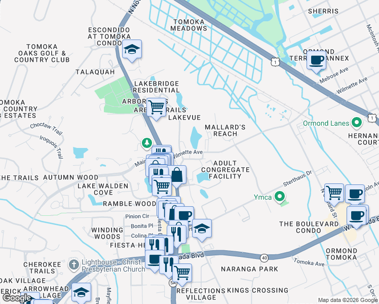 map of restaurants, bars, coffee shops, grocery stores, and more near Lakebridge Plaza Drive in Ormond Beach