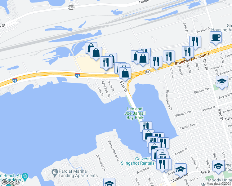 map of restaurants, bars, coffee shops, grocery stores, and more near 1128 62nd Street in Galveston