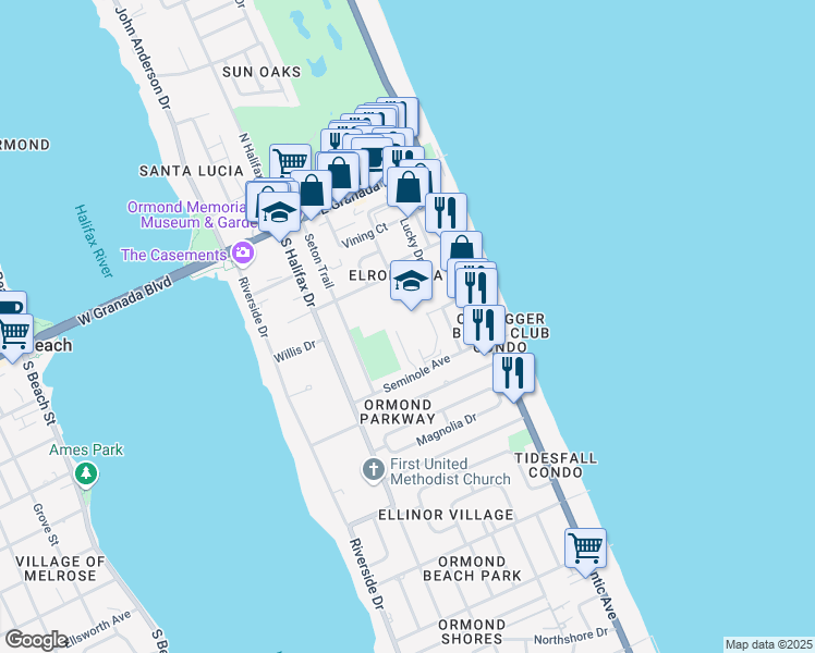map of restaurants, bars, coffee shops, grocery stores, and more near 100 Osceola Avenue in Ormond Beach