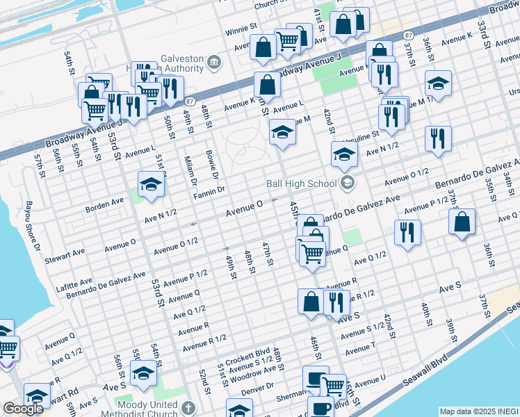 map of restaurants, bars, coffee shops, grocery stores, and more near 4612 Avenue O 1/2 in Galveston