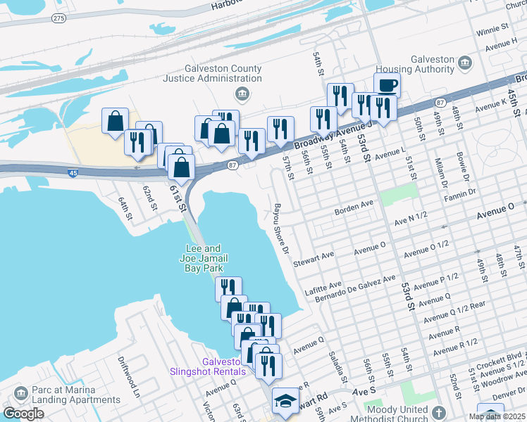 map of restaurants, bars, coffee shops, grocery stores, and more near 1401 Bayou Shore Drive in Galveston
