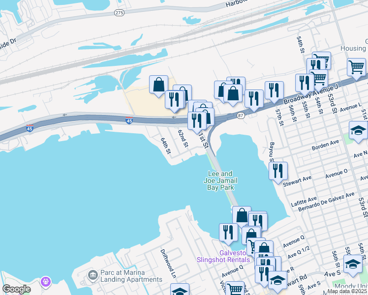 map of restaurants, bars, coffee shops, grocery stores, and more near 1116 63rd Rear Street in Galveston
