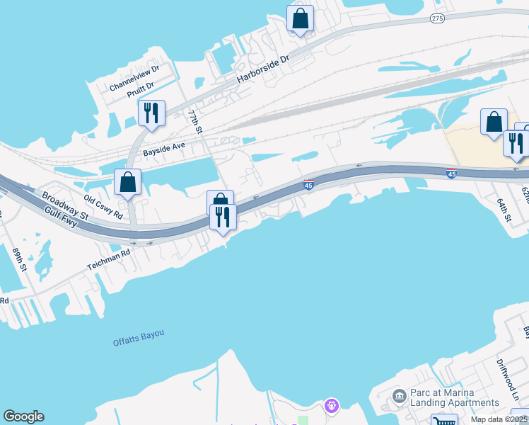 map of restaurants, bars, coffee shops, grocery stores, and more near 7511 Broadway Street in Galveston