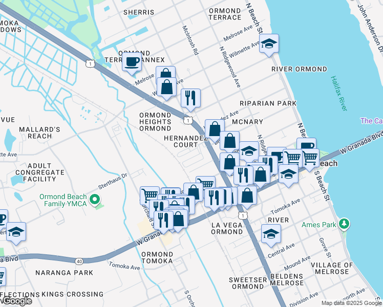 map of restaurants, bars, coffee shops, grocery stores, and more near 170 North Yonge Street in Ormond Beach