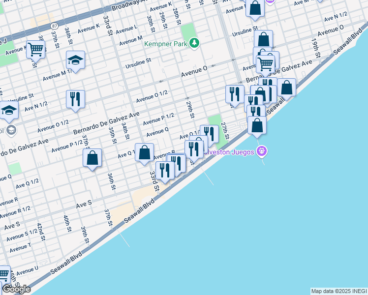 map of restaurants, bars, coffee shops, grocery stores, and more near 3027 Avenue R in Galveston