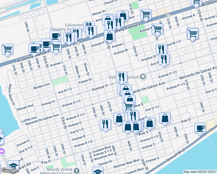 map of restaurants, bars, coffee shops, grocery stores, and more near 4612 Avenue O 1/2 in Galveston