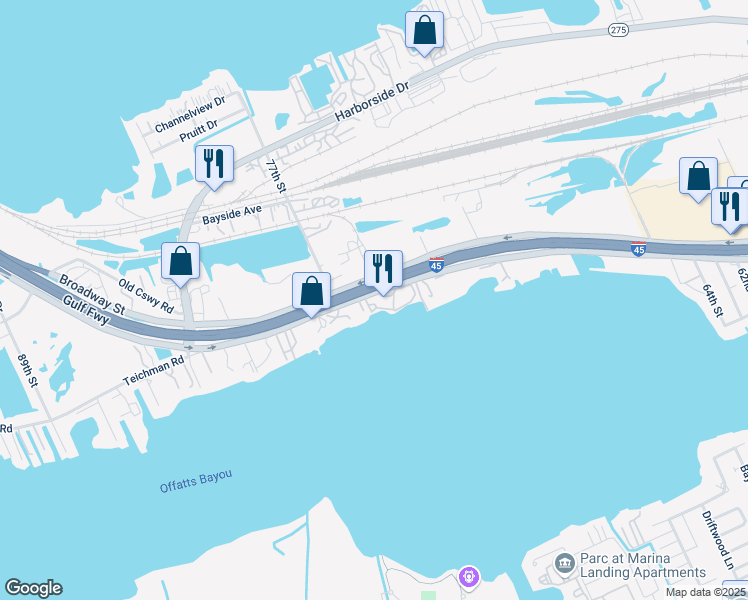 map of restaurants, bars, coffee shops, grocery stores, and more near 7511 Broadway Street in Galveston