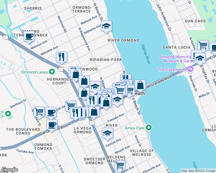 map of restaurants, bars, coffee shops, grocery stores, and more near 84 Lincoln Avenue in Ormond Beach