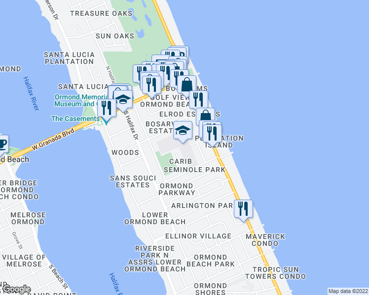 map of restaurants, bars, coffee shops, grocery stores, and more near 100 Osceola Avenue in Ormond Beach