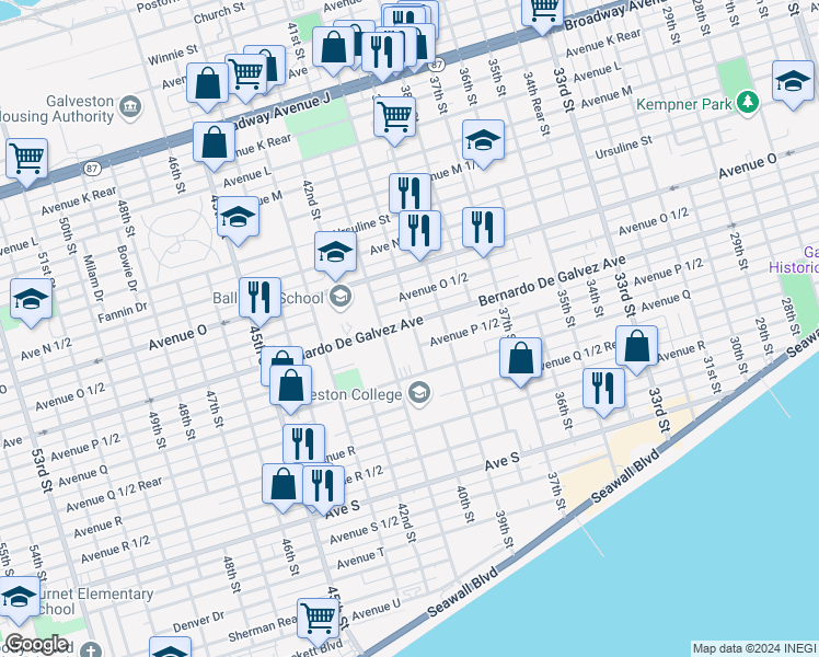 map of restaurants, bars, coffee shops, grocery stores, and more near 1815 40th Street in Galveston