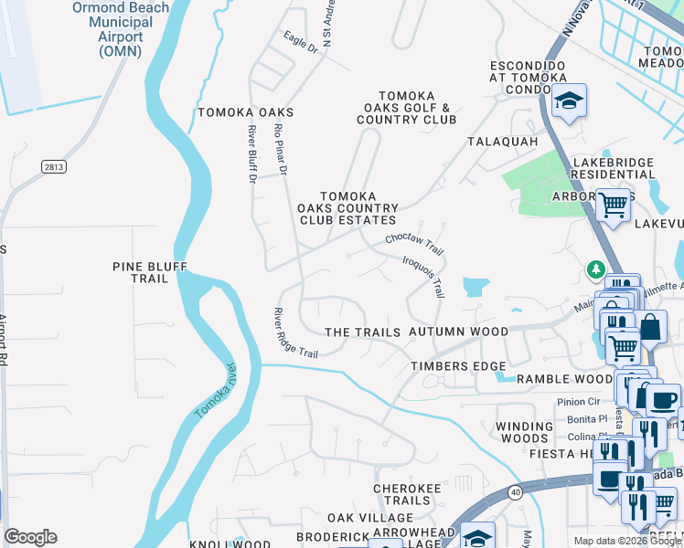 map of restaurants, bars, coffee shops, grocery stores, and more near 55 River Ridge Trail in Ormond Beach