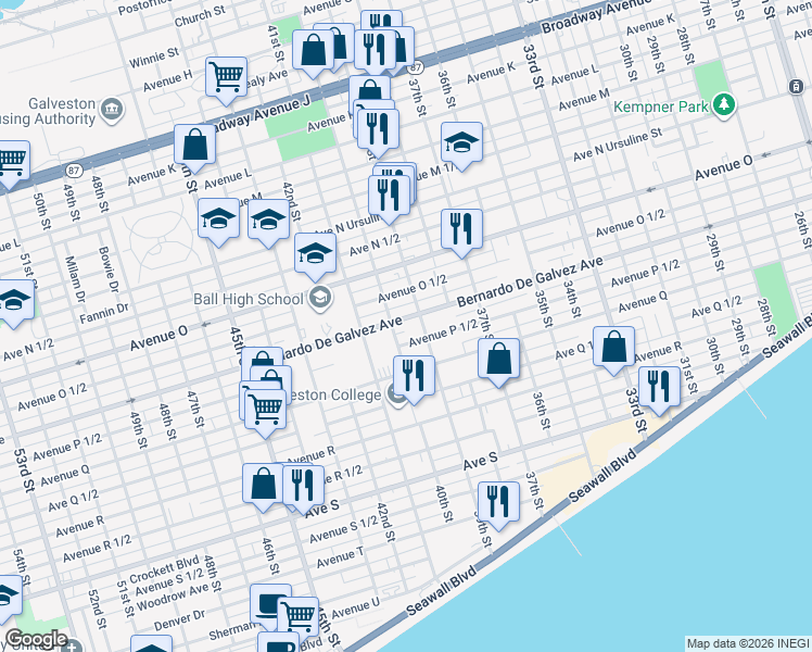 map of restaurants, bars, coffee shops, grocery stores, and more near 3828 Bernardo De Galvez Avenue in Galveston