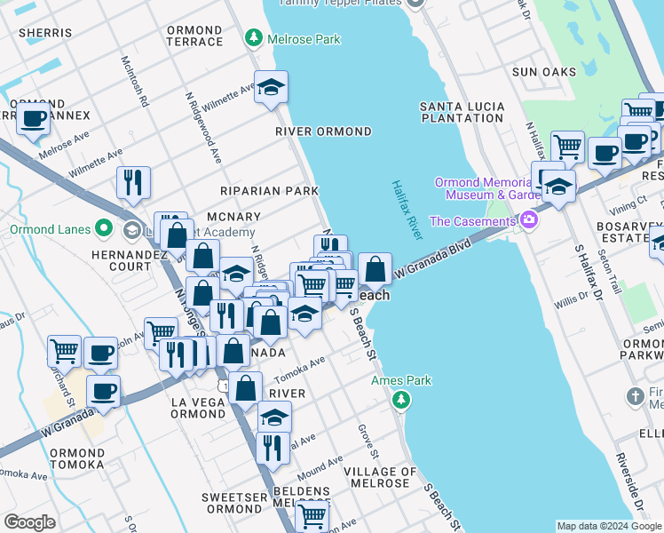 map of restaurants, bars, coffee shops, grocery stores, and more near 42 North Beach Street in Ormond Beach