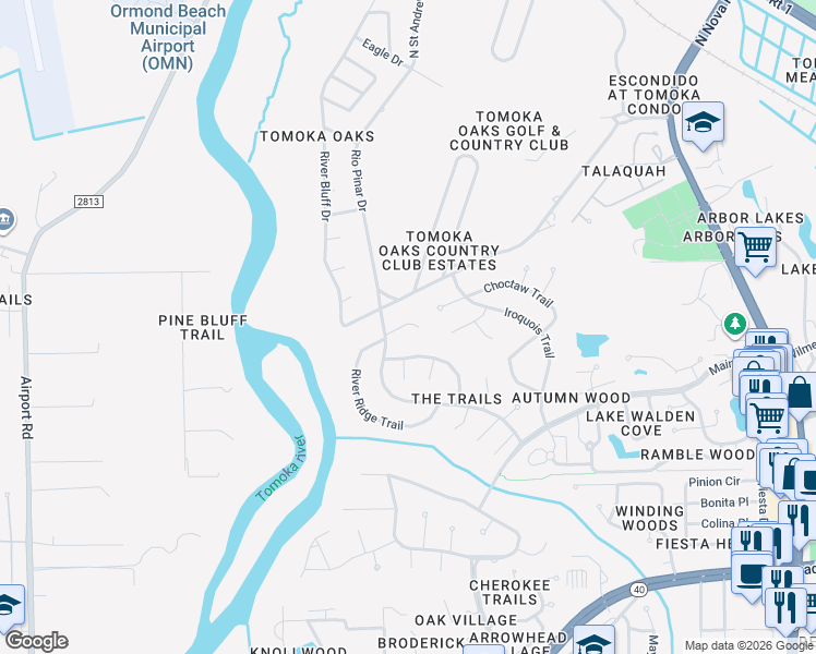 map of restaurants, bars, coffee shops, grocery stores, and more near 55 River Ridge Trail in Ormond Beach