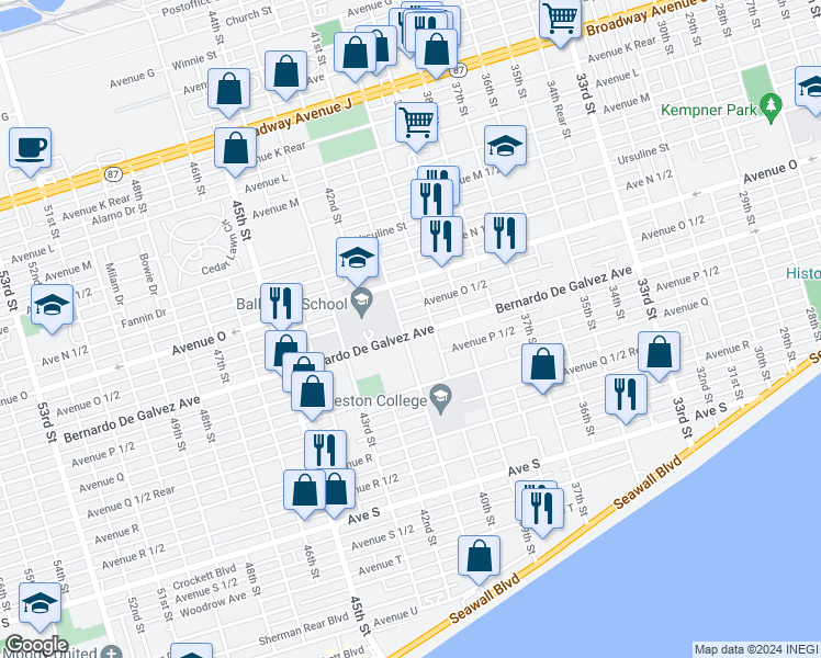 map of restaurants, bars, coffee shops, grocery stores, and more near 4024 Bernardo De Galvez Avenue in Galveston