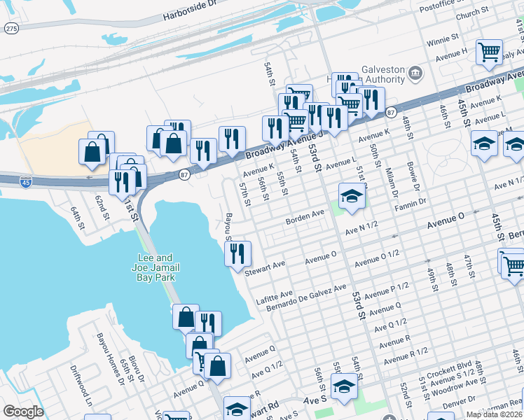 map of restaurants, bars, coffee shops, grocery stores, and more near 5525 Avenue M in Galveston