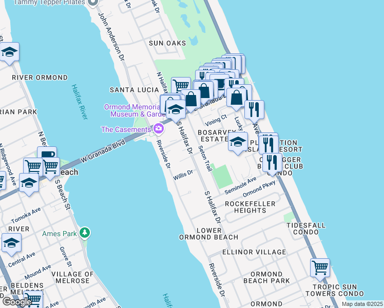 map of restaurants, bars, coffee shops, grocery stores, and more near 87 Bosarvey Drive in Ormond Beach