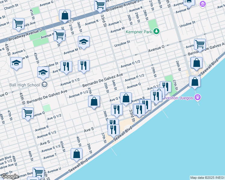 map of restaurants, bars, coffee shops, grocery stores, and more near 2009 34th Street in Galveston