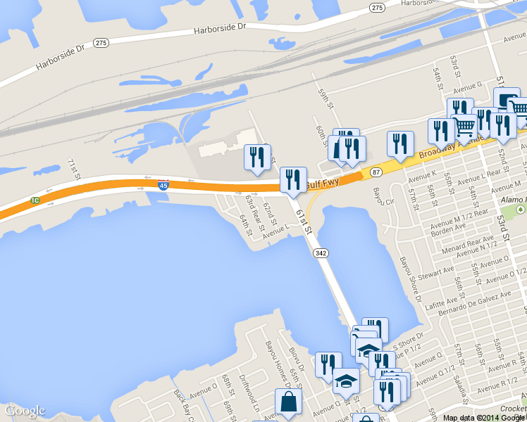 map of restaurants, bars, coffee shops, grocery stores, and more near 1010 62nd Street in Galveston