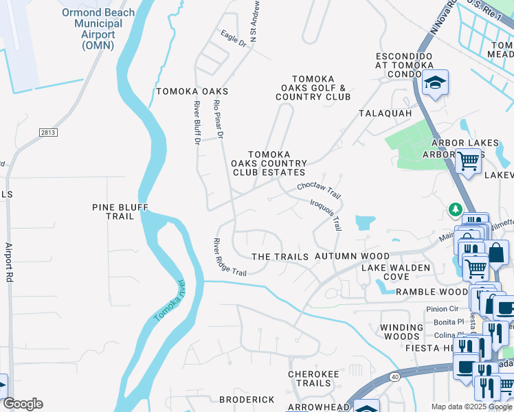 map of restaurants, bars, coffee shops, grocery stores, and more near 55 River Ridge Trail in Ormond Beach