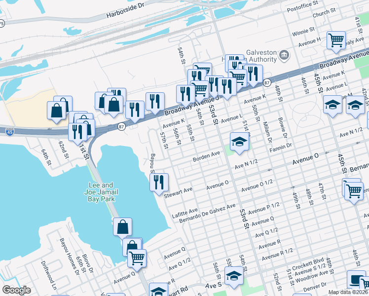 map of restaurants, bars, coffee shops, grocery stores, and more near 5525 Avenue M in Galveston