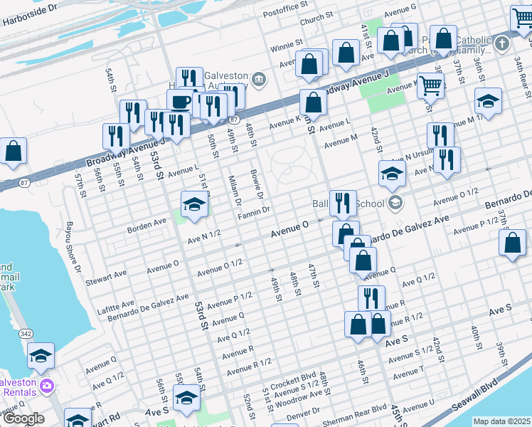 map of restaurants, bars, coffee shops, grocery stores, and more near 4809 Fannin Drive in Galveston