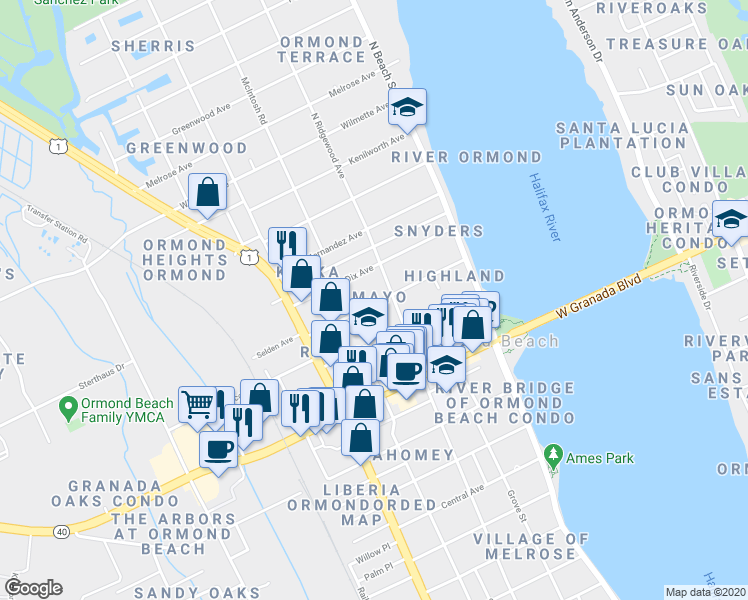map of restaurants, bars, coffee shops, grocery stores, and more near 135 Highland Avenue in Ormond Beach