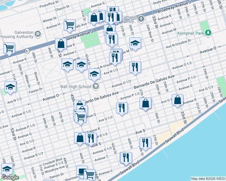 map of restaurants, bars, coffee shops, grocery stores, and more near 1815 40th Street in Galveston