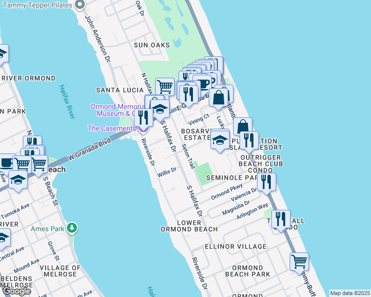 map of restaurants, bars, coffee shops, grocery stores, and more near 99 Seton Trail in Ormond Beach