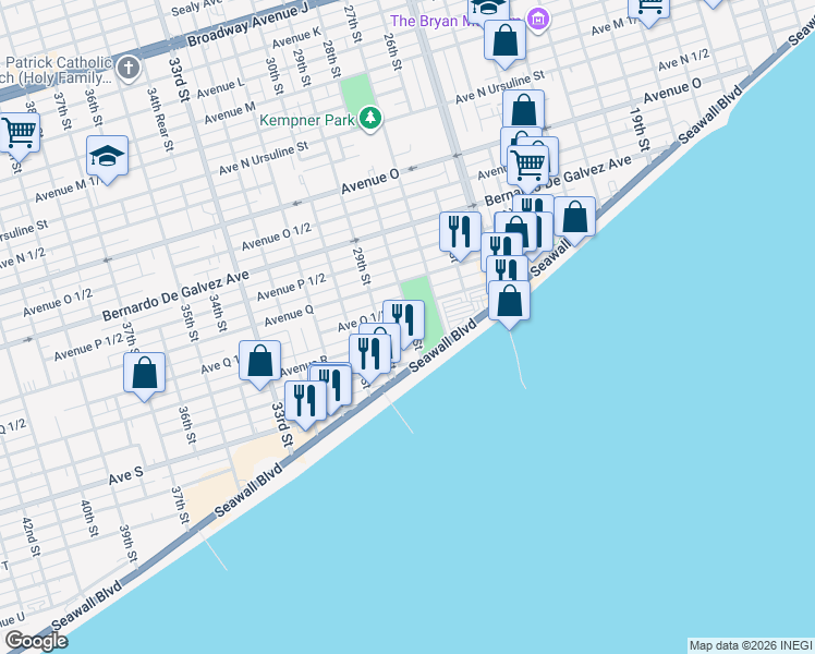map of restaurants, bars, coffee shops, grocery stores, and more near 2217 28th Street Rear in Galveston
