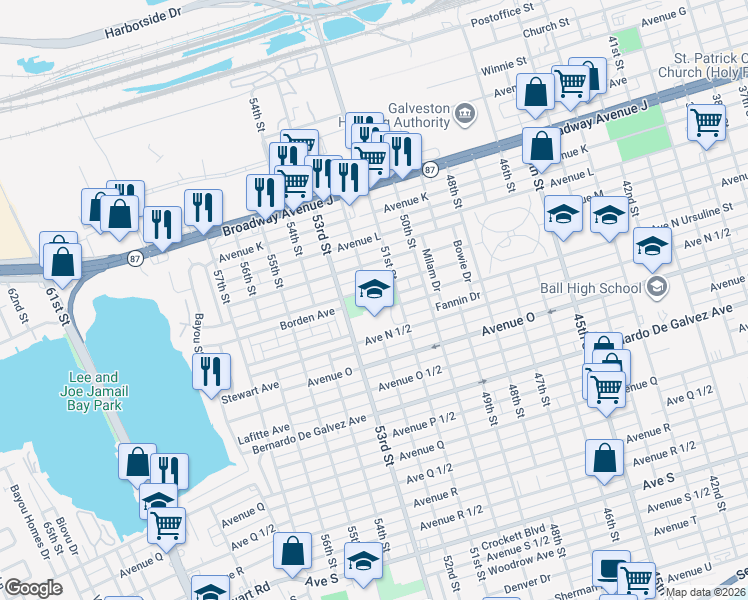 map of restaurants, bars, coffee shops, grocery stores, and more near 5101 1/2 Avenue M in Galveston