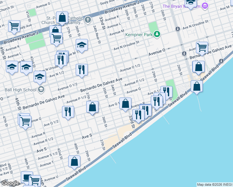 map of restaurants, bars, coffee shops, grocery stores, and more near 2009 34th Street in Galveston