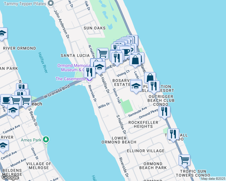 map of restaurants, bars, coffee shops, grocery stores, and more near 87 Bosarvey Drive in Ormond Beach