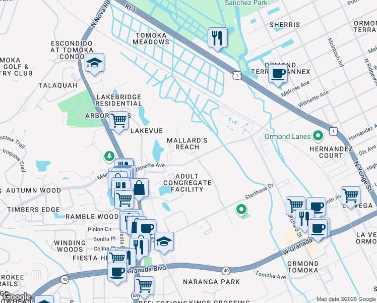 map of restaurants, bars, coffee shops, grocery stores, and more near 5 Manderley Lane in Ormond Beach
